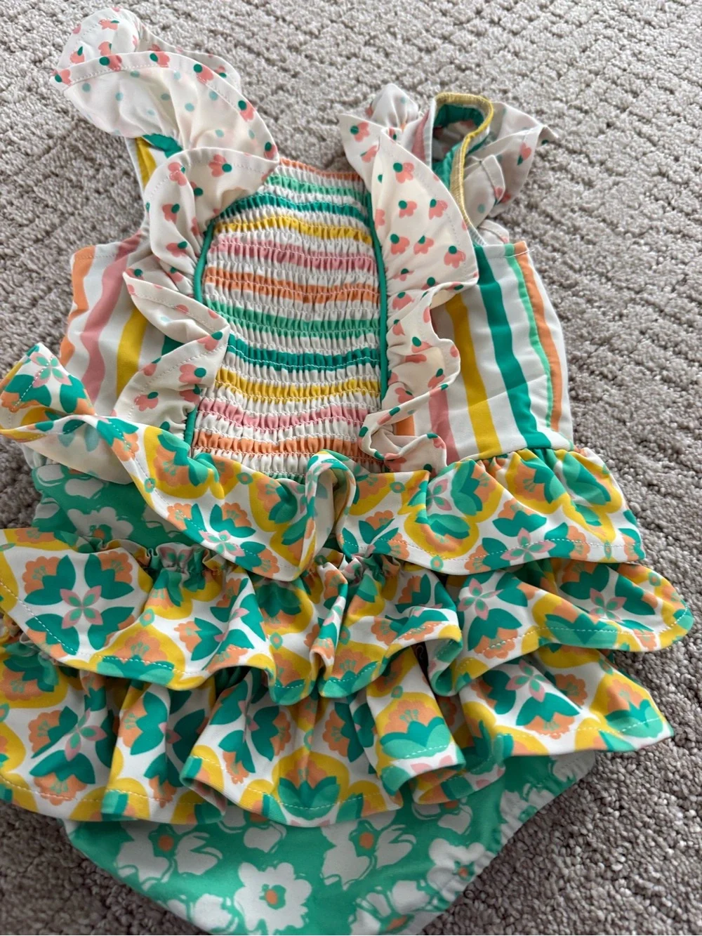 Wildflowers Green Floral & Pastel Stripe Ruffle Swimsuit